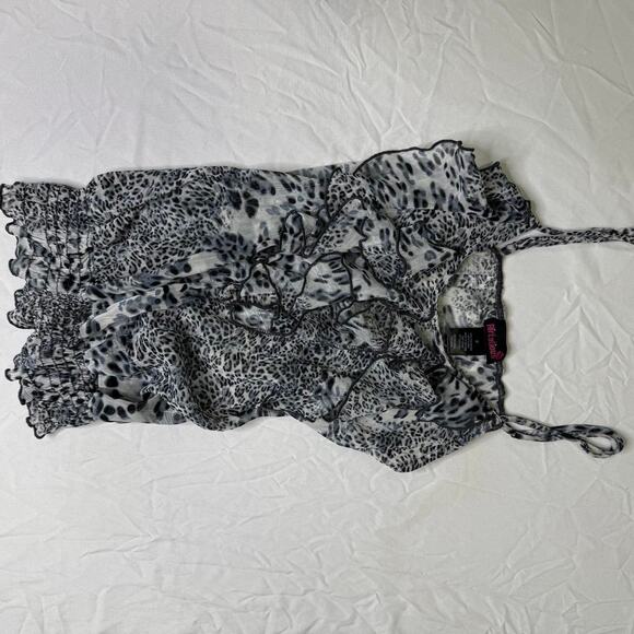 Black silver leopard print cami top with ruffles and tie straps - Picture 2 of 7
